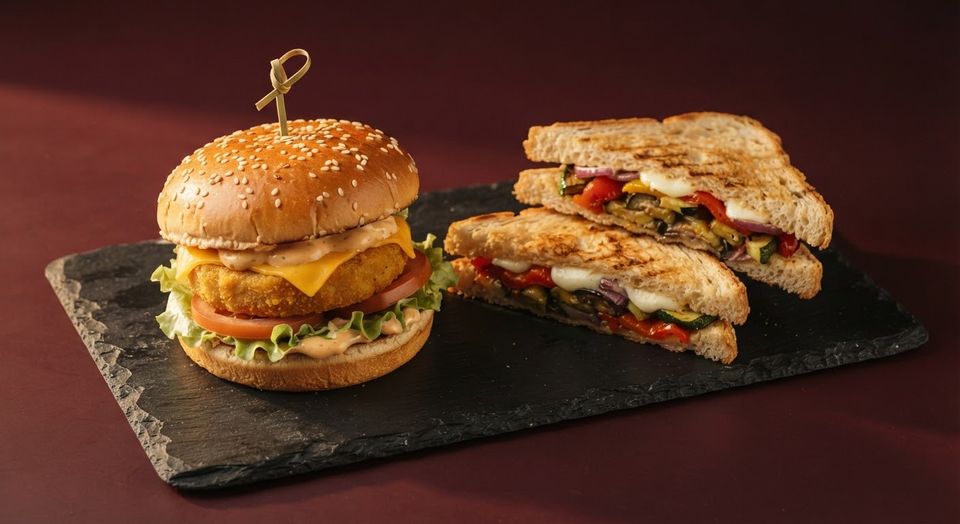 Tikki burger and grilled vegetable sandwich