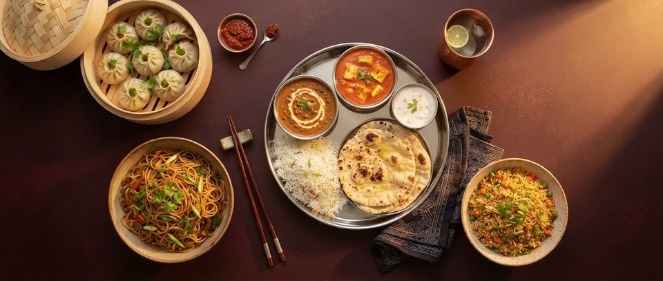 Momos, hakka noodles, a veg thaali and fried rice