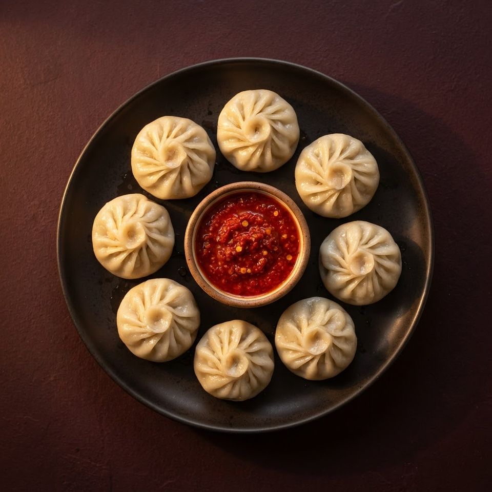 Steamed veg momos with red chilli chutney