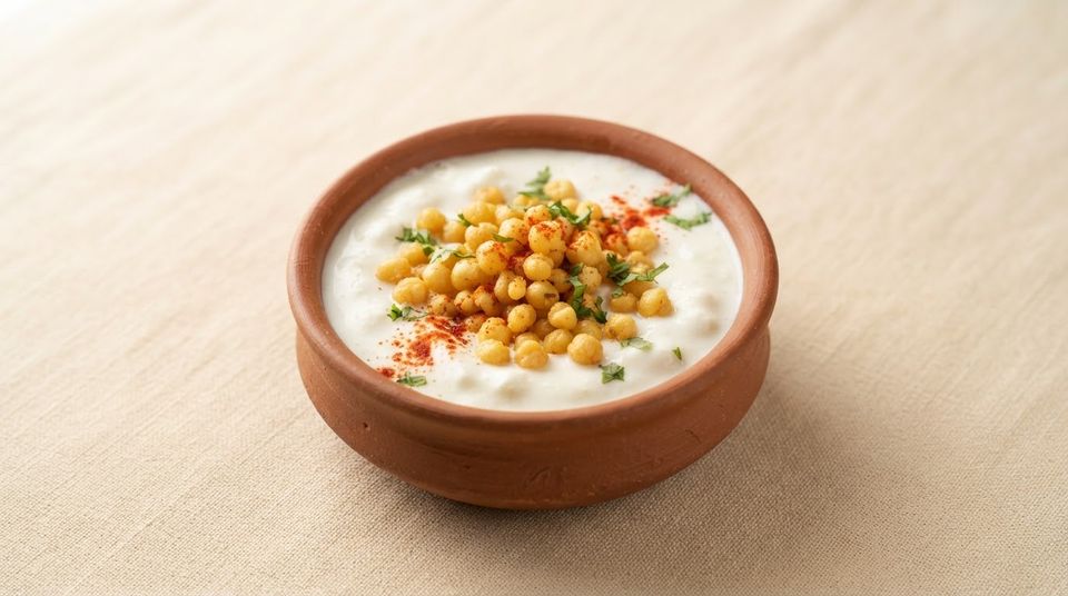Boondi raita in a clay bowl
