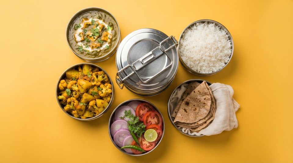 Steel tiffin with paneer curry, aloo gobhi, rice, rotis and salad